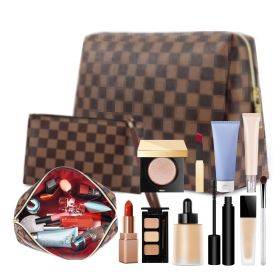 Brown checkered waterproof leather makeup square bag/flat bag 2-piece set, portable makeup travel makeup bag (style: LVBB-2pcs)