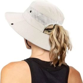 Women's Outdoor UV-Protection-Foldable Sun-Hats Mesh Wide-Brim Beach Fishing Hat with Ponytail-Hole (Color: Beige)