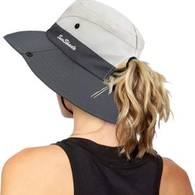 Women's Outdoor UV-Protection-Foldable Sun-Hats Mesh Wide-Brim Beach Fishing Hat with Ponytail-Hole (Color: Beige/Grey)
