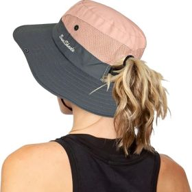 Women's Outdoor UV-Protection-Foldable Sun-Hats Mesh Wide-Brim Beach Fishing Hat with Ponytail-Hole (Color: Pink)