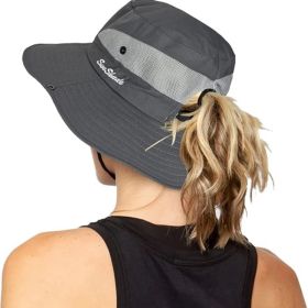 Women's Outdoor UV-Protection-Foldable Sun-Hats Mesh Wide-Brim Beach Fishing Hat with Ponytail-Hole (Color: Dark Grey)